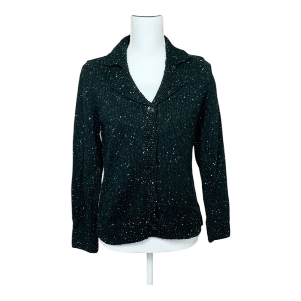Liz Claiborne Black Confetti Knit Button Down Collared Sweater Size Small Petite